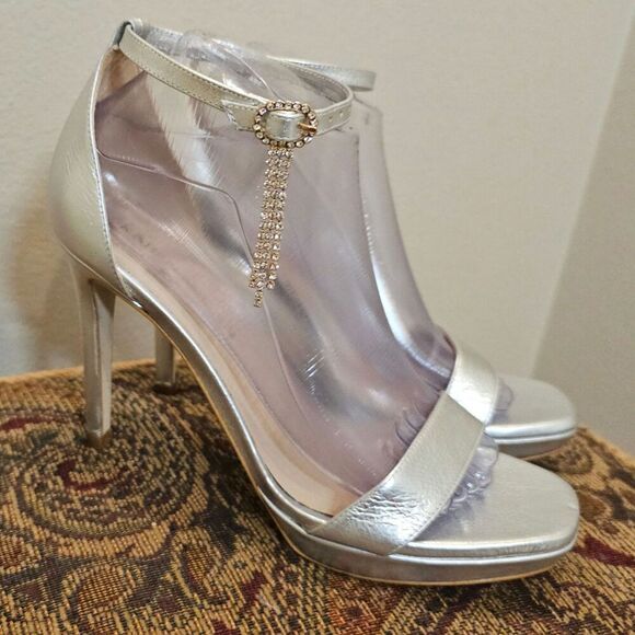 Karen Millen Silver Ankle Strap Evening Dress Heels w/ Rhinestone charm Size 39 - Picture 1 of 10